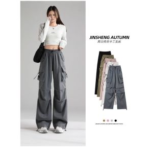 กางเกงทำงานขายาวเอวสูงสีเทา ทรงหลวม กางเกงขายาวลำลองแห้งเร็ว สำหรับผู้หญิง ฤดูใบไม้ผลิและฤดูใบไม้ร่วง สไตล์อเมริกัน