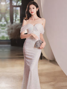 Elegant One-Shoulder Evening Gown Womens High-End Sensation White Fish-Tail Skirt Beautiful Luxury Lady Host Year Conference