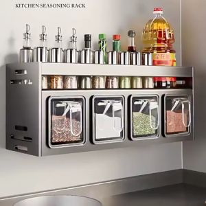 Kitchen Condiments Racks Organizer with Hooks Wall Mounted Seasoning Box Condiment Spice Rack Container Bottle Organizer Rack