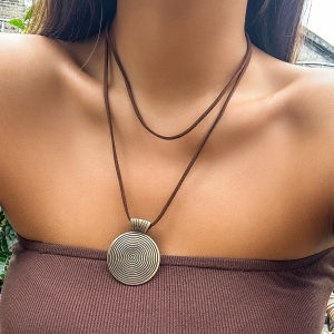 IngeSight.Z Vintage Large Metal Circle Spiral Pattern Pendant Necklace for Women Simple Korean Velvet Choker Necklace Jewelry