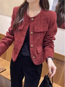 French Style Short Thickened Woolen Jacket Womens Autumn Winter Fashionable Small Size Quilted Coat round Neck Single Button