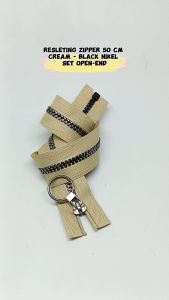 Resleting Zipper Busana 50 cm Vislon Cream - Black Nikel Kode CXA Set Open - End Buka - Lepas Harga Per Biji