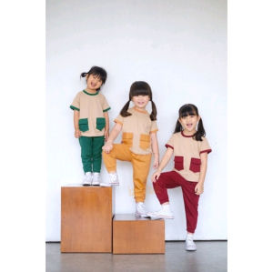 Setelan Kaos anak cewecowo Nano earthy series celana panjang motif kombinasi / Baju playset kidwear laki-laki dan perempuan bahan premium baby terry