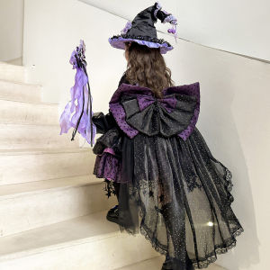 Halloween Girls Kuromi Dress Autumn Winter New Style Fashionable Little Devil Cos Lolita Princess Skirt Cotton Blend Fabric
