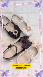 Sepatu Flat Slip On Anak Perempuan Mewah Formal Import Murah Pita Silver Pink Big Bow Pearl