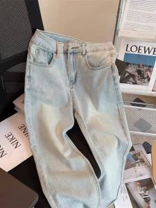 สีฟ้าอ่อนสูง เอว ขากว้าง กางเกงยีนส์ ผู้หญิง ฤดูใบไม้ผลิ ฤดูใบไม้ร่วง แบบใหม่ หลวม ผ้าม่านตรงทรงสลิมยาวพื้น กางเกงขายาว