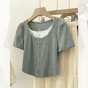 YEZATIIO | Lace Trim Fake Two-Piece Short Sleeve T-Shirt 2026 New Fashion Slim Fit Sweet