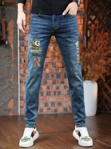 American Style Embroidered Slim Fit Mens Jeans Youth High End Trendy Personality Match Long Pants Casual Cotton Stretch Denim