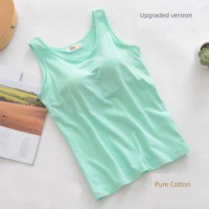 Pure Cotton Womens Tank Top with Chest Pad No Steel Ring Bra Cup Integrated Home Yoga Sports Underwear Summer Style Simple Design