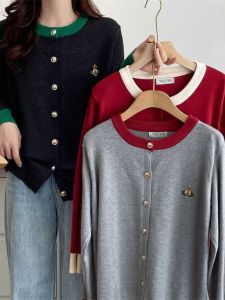 Retro ขนาดใหญ่บล็อกสีปักรอบคอถักเสื้อกันหนาว Soft Fuzzy หัวเข็มขัดโลหะเสื้อสเวตเตอร์ถักสําหรับฤดูใบไม้ผลิและฤดูใบไม้ร่วง