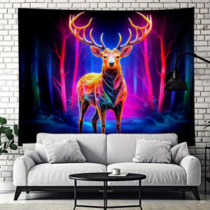 VIKAMA Neon Đầy Màu Sắc Rừng Hươu Ảo Giác Động Vật Thiên Nhiên Tường Thảm Polyester Mềm Bền Trang Trí Nhà Thẩm Mỹ Nghệ Thuật Trong Nhà Quà Tặng