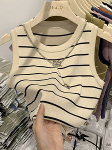 Áo Len Dệt Kim Ice Silk Sọc Không Tay Ngắn Cho Nữ Mùa Hè 2025 Áo Ba Lỗ Cổ Chữ V Tay Ngắn Thường Ngày Bằng Vải Polyester