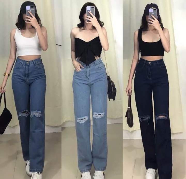 Korean Fashion High Waist Tattered Knee Cut Wide Leg Jeans Baggy