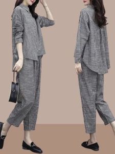 Retro Artistic Striped Set Spring 2025 Loose Cotton Linen Korean Style plus Size Patchwork Meat Concealing Two Piece Womens Suit