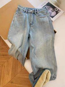 กางเกงยีนส์ทรงหลวมเอวสูงบุขนแกะหนาสีฟ้าอ่อน กางเกงขายาวทรงตรง กางเกงขายาวสำหรับผู้หญิง ทรงหลวม สไตล์ลำลอง