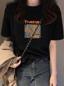 Loose Fit round Neck Short Sleeve Womens T-shirt Pure Cotton Korean Style Summer Top Black Color Trendy Ins Printed Letter T-shirt