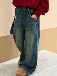 Girls Fleece Lined Denim Jeans Autumn Winter Loose Fit Soft Straight Leg Trousers Childrens Fashion Korean Style Kids Clothing