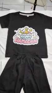 Baju Kaos Setelan Motif Happy Lebaran Distro Anak Laki Laki Edisi Ramadan Muslim Import 1 - 10 Tahun