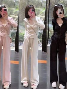 Spring Autumn 2025 Womens Casual Hoodie Set Wide Leg Pants Running Sport Two Piece Set Polyester Fiber Long Sleeve Zipper