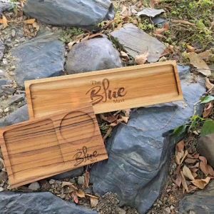 ถาดเบรค ถาดเสิร์ฟ จานไม้ ถาดไม้ ทำจากไม้สักแท้ มีหลุมใส่แก้วหรืออาหารได้ เลเซอร์ข้อความหรือโลโก้ได้ตามใจลูกค้า