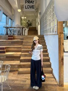 HUOLISI | American Senior Style Striped Short Sleeve White Knit T-Shirt