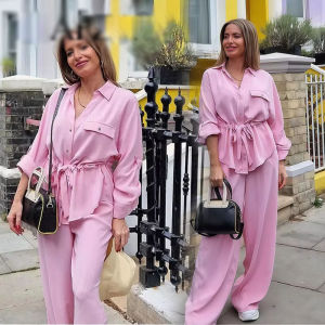 Womens Pink Pants Set Waist Drawstring Long Sleeve Shirt+ Solid Baggy Pants Casual Loose Roupas Summer Safari Outfit