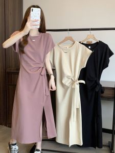 Plus Size Summer French Style Fancy Split T-shirt Dress Female Fat Sister Slim Looking Belly Covering Casual Shoulder Dress