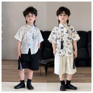 Kids Boys Summer Chinese Traditional Style Outfit 3Pcs Short Printing Tang Suit with Pendant Performance Daily Costume for 2-13 Years