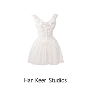 ชุดเดรสสายเดี่ยวรัดเอวแขนระบายหวานขอบลูกไม้สีขาวใส่แล้วดูผอมเพรียวใส่ช่วงฤดูร้อนสำหรับผู้หญิง