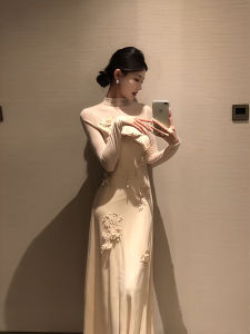 qiaocong | Spring Elegant 3D Flower Design Long Sleeve High Collar Slim Dress