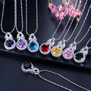 SEQUITO Luxury Women Jewelry Set White Gold Color Full Micro Pave AAA Zirconia Setting Purple Stone Delicate Pendant Necklace Earrings Ring Set for Prom Party SJ373