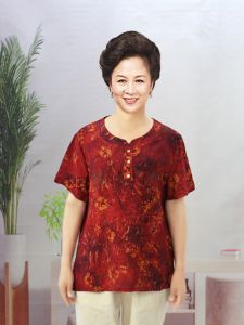 Cotton Silk Small Blouse Short Sleeve T-shirt Summer Loose Grandma Middle-Aged and Elderly Artificial Cotton Womens Clothing Mom Top round Neck Thin
