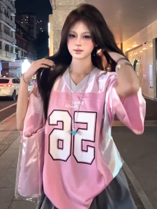 2025 Womens V-neck T-shirt Pink Number Printed Jersey Short-sleeved Korean Style T-shirt Women Spring Loose Tide Jersey