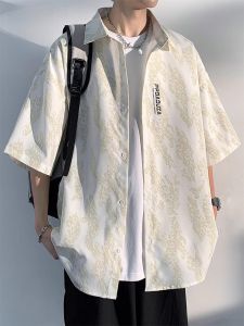 ROMON | Romon Mens Short Sleeve Shirt Summer Thin Ice Silk Casual Print Loose Fit Breathable Fashion Outerwear Polyester Fiber Button Up