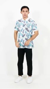 Kaos Polo Bermotif Daun Biru Kerah List Size M-L-XL-XXL