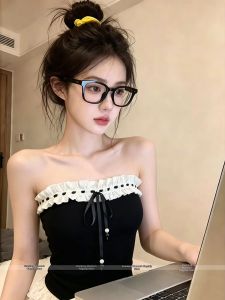 Slim Fit French Retro Bow Ruffle Bustier Top
