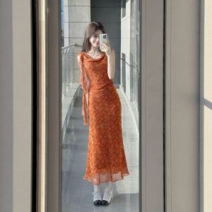 XUECAIQI | Summer French Style Elegant Floral Dress with Flutter Collar and Ribbon
