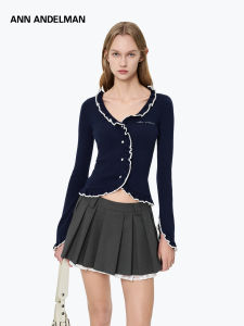ANN ANDELMAN | Contrast Color Ruffled V-neck Elegant Knitted Top