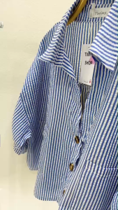 P22627 Set ลายริ้ว 3 ชิ้น เสื้อทรงโอเวอร์ไซส์ + กางเกงขาสั้นกับหมวกบัคเก็ต