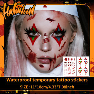 2Pcs Halloween Horror Temporary Tattoo Sticker Long-lasting and Waterproof Scar Blood Clown Tattoo Sticker for Face Arm