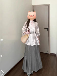 plus Size Womens New Chinese Style Long Sleeve Sash Shirt Early Autumn High Fashion Slim Fit Fish Tail Half Skirt Two Piece Set