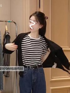 Oajer Flagship Store Womens Stripe T-shirt Short Sleeve Spring Style Korean Version Straight Cut Polyester Fiber Summer Regular Length