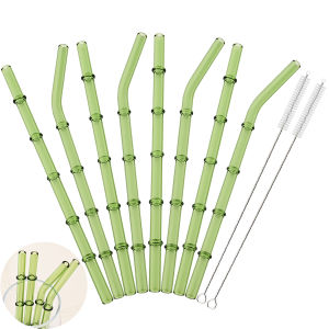 4/6/8pcs Green Bamboo-shaped Straws Set Reusable Glass Straw with Brush Suitable for Milkshakes Juices Coffee Bar Accessories
