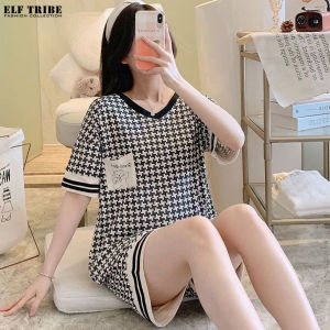 ELF TRIBE Pajamas for Women 100% Cotton Short-sleeved Shirt Shorts 3/4 Pants Set Casual Loungewear Can Be Worn Outdoors
