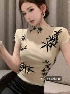 New Chinese Style Short Sleeve T-Shirt Womens Winter Slim Fit Design round Neck Short Printed Top Casual Creative Print Cotton Tee