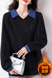 September Ink Field plus Size Patchwork Collar Thickened Fleece Long Sleeve Sweatshirt Stylish Winter Casual Loose Fit Top
