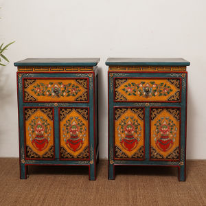 In Chinese Antique Style Tibetan Elm Solid Wood Bedside Cabinet Bedroom Bedside Storage Bedside Painted Small Side Cabinet Corner Table Customization