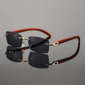 1Pc Men Gold Rimless Square Sunglasses Wood Grain Temples European Retro UV Protection for Commute Vacation