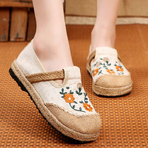 Ethnic Style Beijing Cloth Shoes Flagship Authentic Womens Linen Woven Slip-on Fisherman Shoes Breathable Flats Vintage Embroidery