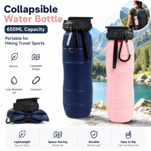 650ML Silicone Foldable Water Bottle Portable Leak Resistant Sports Cup with Straw Hanging Clip for Hiking Cycling Gym Camping
